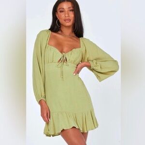 Green Long Sleeve Dress with Front and Back Tie Dress